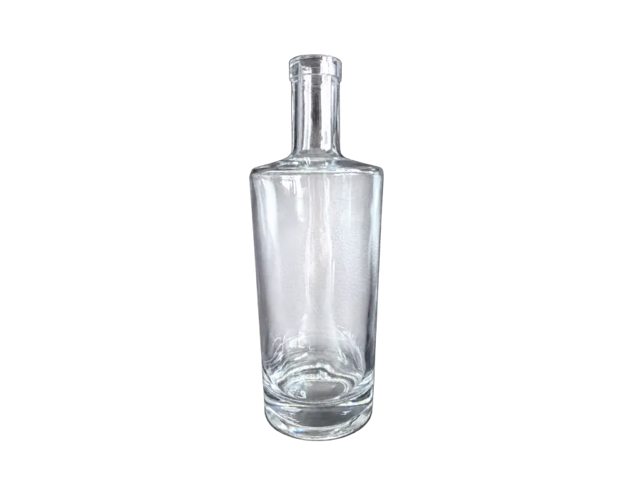 Clear empty cylindrical glass bottle with a long neck and transparent closure on a dark background
