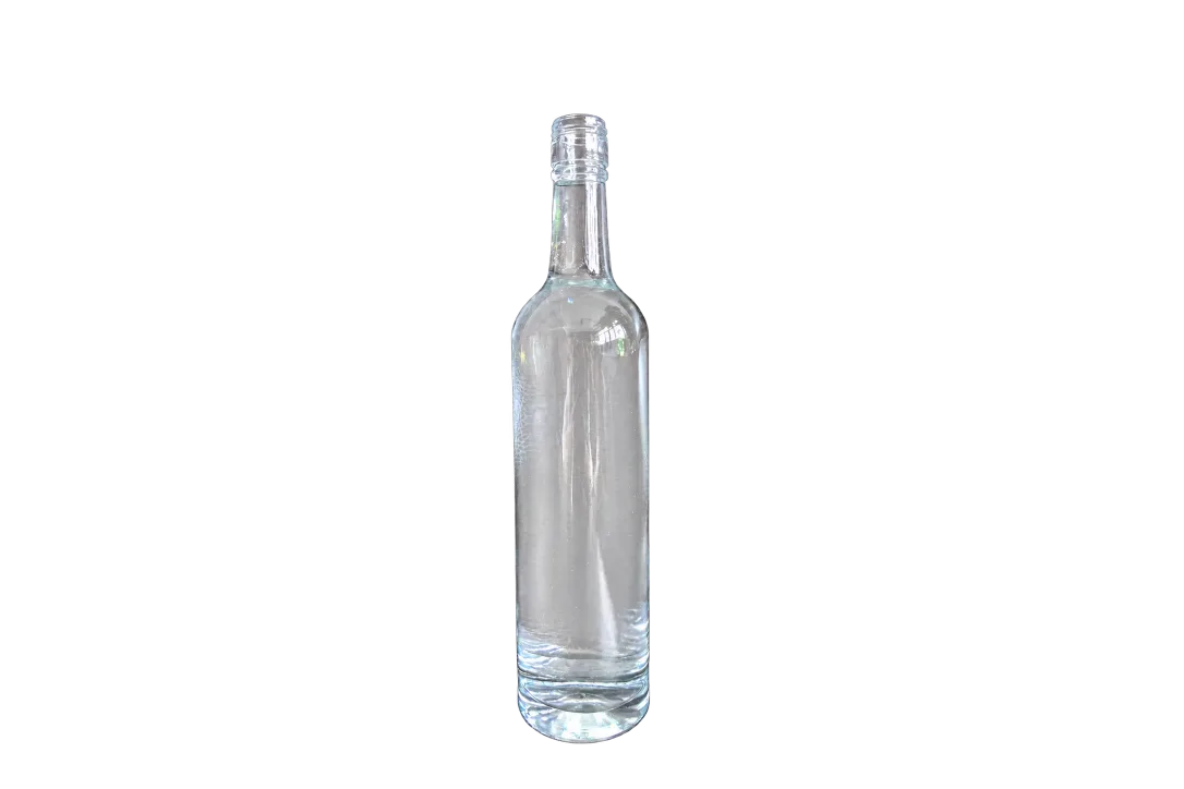 Clear empty glass bottle with a long cylindrical body, narrow neck, threaded finish, and thick base on a dark background