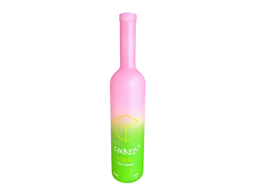 Pink-to-green gradient CUBED&sup3; VODKA bottle with a yellow cube graphic and visible 750 ml and 40% vol labels