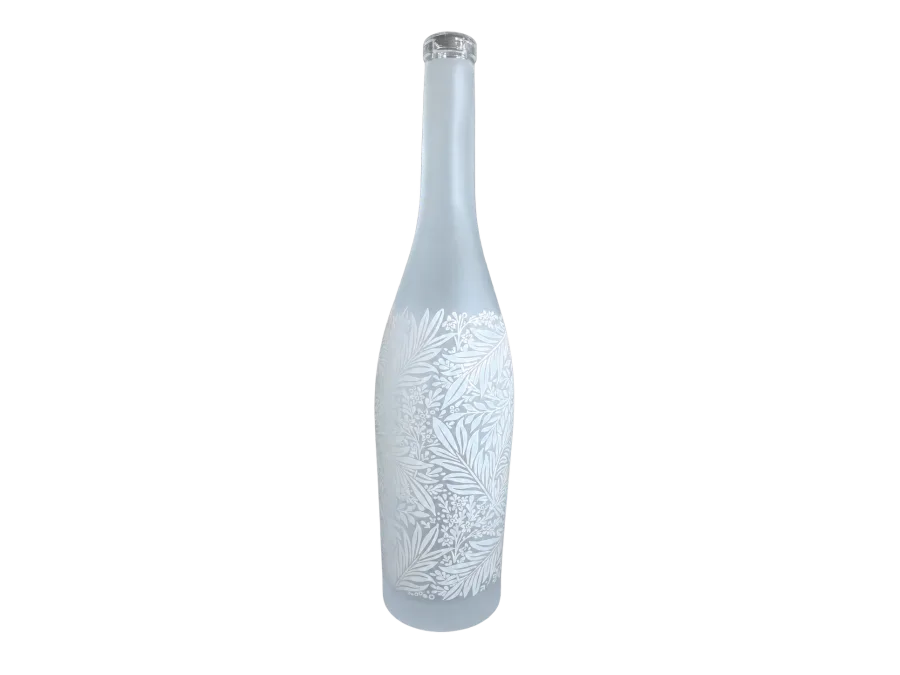 Tall frosted bottle with a clear closure and white botanical foliage pattern