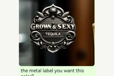 Black bottle or dark surface with an ornate metallic label reading &ldquo;GROWN & SEXY TEQUILA.&rdquo;